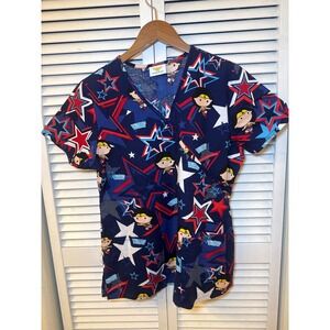 Wonder Woman Scrub Top DC Comics Chibi Stars V-Neck Mock Wrap Blue Red White